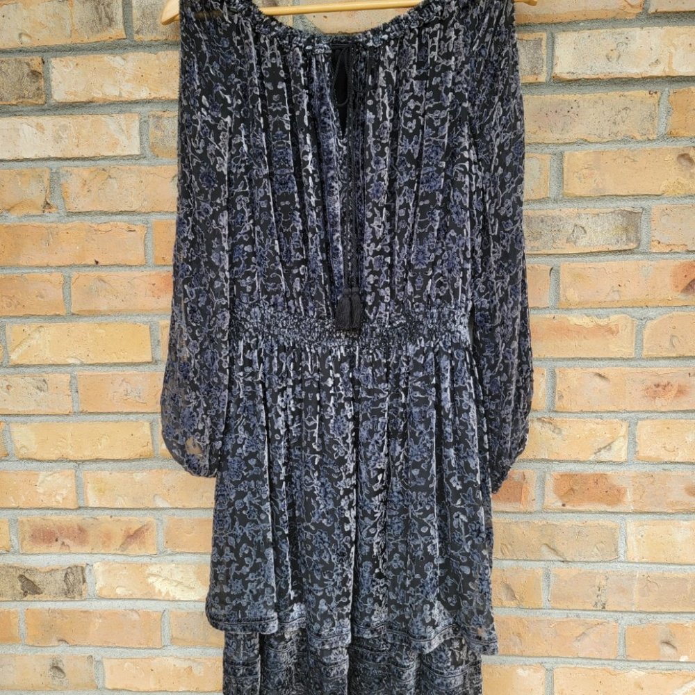 Elie Tahari Olsen Burnout Velvet Velour Smocked Waist Tiered Ruffle Mini Dress